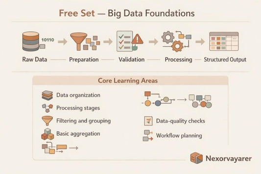 An educational infographic titled 'Free Set — Big Data Foundations' with illustrated steps for raw data to structured output and a section on core learning areas such as data organization, processing stages, filtering and grouping, and workflow planning. The Nexorvayarer logo appears at the bottom right.
