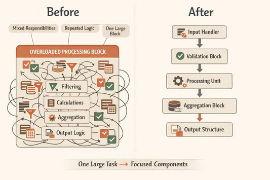 A diagram comparing a before-and-after workflow. The left side, labeled 'Before,' shows an overloaded processing block with tangled arrows and icons for filtering, calculations, aggregation, and output logic.
