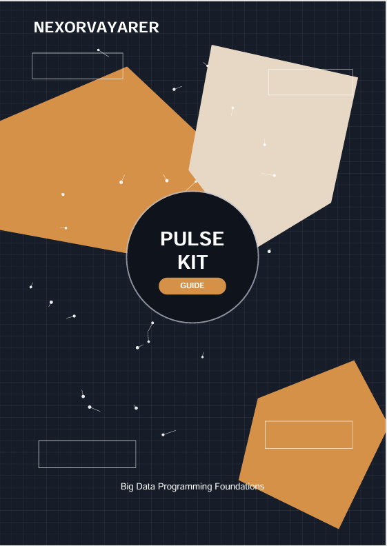 A digital cover graphic for a guide titled 'PULSE KIT GUIDE' with the brand name 'NEXORVAYARER' at the top. The design features a dark navy grid background with abstract geometric shapes in orange and beige, and a central black circle containing the title.