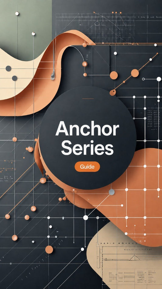 A digital cover graphic for a guide titled 'Anchor Series Guide' featuring a central dark gray circle with white text, surrounded by abstract layered shapes in terracotta orange, beige, and gray with a network diagram background.