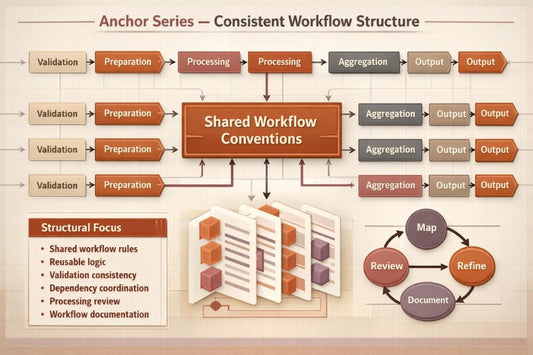 A digital infographic titled 'Anchor Series - Consistent Workflow Structure' on a beige background, featuring a central orange-brown 'Shared Workflow Conventions' box connected to arrows and boxes labeled Validation, Preparation, Processing, Aggregation, and Output. Smaller diagrams on the left and right show additional workflow steps, with a 3D box illustration and a circular 'Map', 'Review', 'Refine', and 'Document' loop at the bottom right.