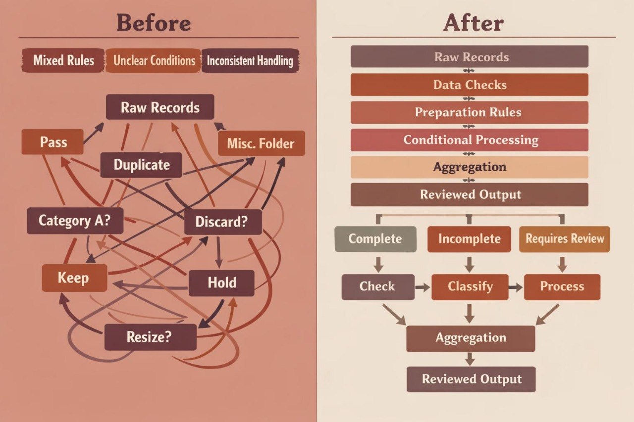 A before-and-after flowchart comparison on a beige background. The left panel, labeled 'Before,' shows a tangled set of dark brown and maroon boxes and arrows with terms like 'Raw Records,' 'Duplicate,' 'Discard,' and 'Keep.