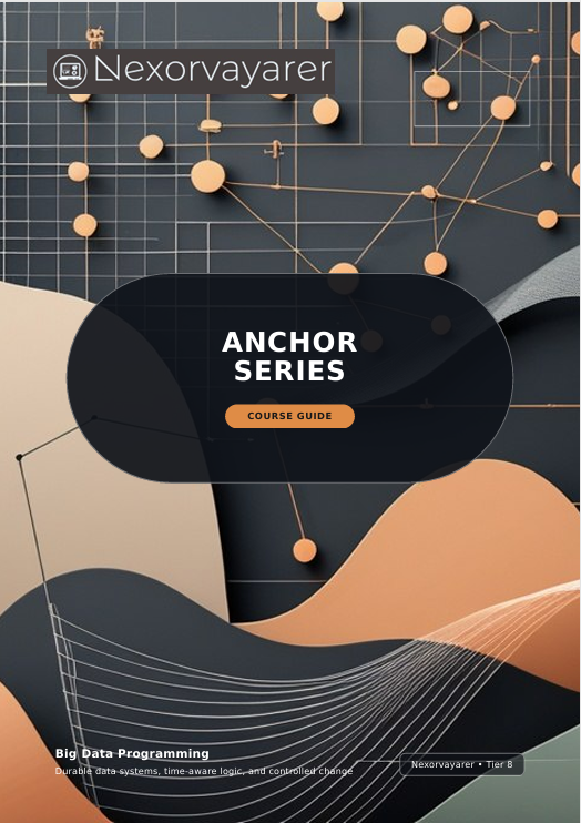 A digital cover for a Nexorvayarer 'Anchor Series' course guide, featuring a dark abstract background with geometric shapes, network lines, and peach-colored nodes. The central black rounded rectangle contains the text 'ANCHOR SERIES' and a smaller 'COURSE GUIDE' button.