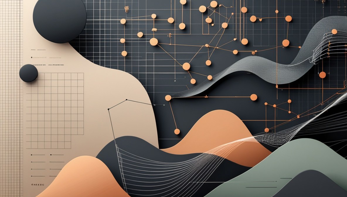 Abstract digital artwork featuring layered organic shapes in beige, peach, gray, and sage green over a dark charcoal grid background with orange circular nodes and lines.