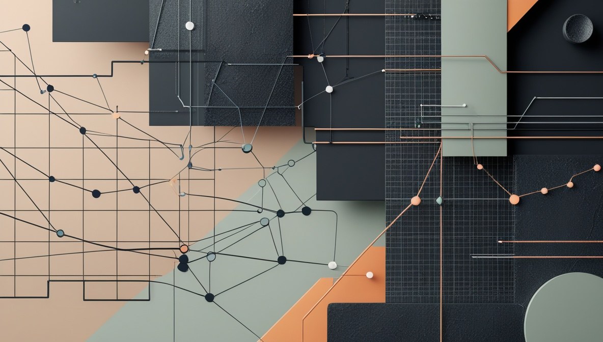Abstract geometric wall art featuring overlapping rectangular panels in charcoal, sage green, peach, and beige, connected by thin black and copper lines and dotted network patterns.