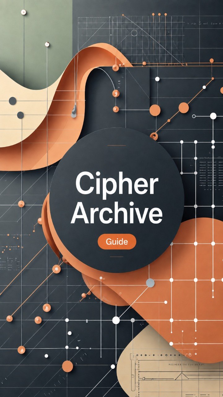 A digital cover graphic for a guide titled 'Cipher Archive Guide' featuring a central dark gray circle with white text, surrounded by abstract layered shapes in terracotta orange, beige, and gray with technical line diagrams.