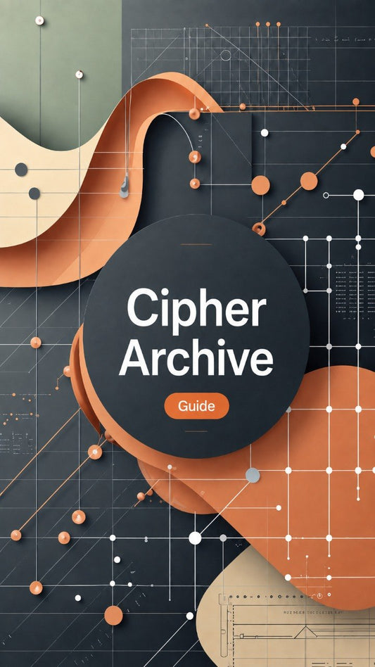 A digital cover graphic for a guide titled 'Cipher Archive Guide' featuring a central dark gray circle with white text, surrounded by abstract layered shapes in terracotta orange, beige, and gray with technical line diagrams.