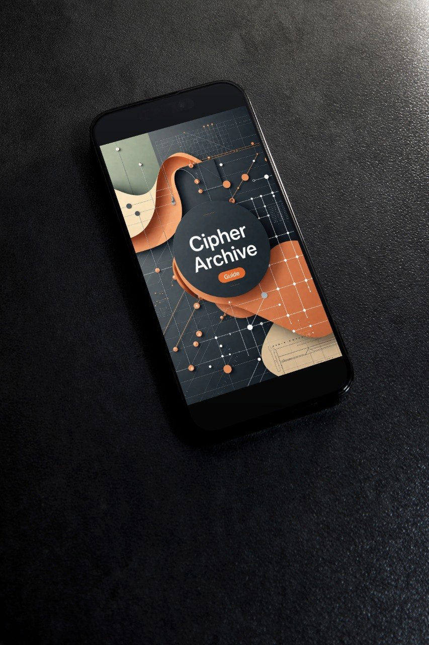 A black smartphone lying diagonally on a dark textured surface, displaying an app or website design with the text 'Cipher Archive' over abstract orange, beige, and gray shapes.