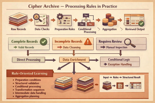 An infographic titled 'Cipher Archive — Processing Rules in Practice' on a warm beige background, showing workflow steps for raw records, data checks, preparation rules, conditional processing, aggregation, reviewed output, complete/incomplete records, direct processing, data enrichment, conditional logic, and rule-oriented learning with icons and arrows.
