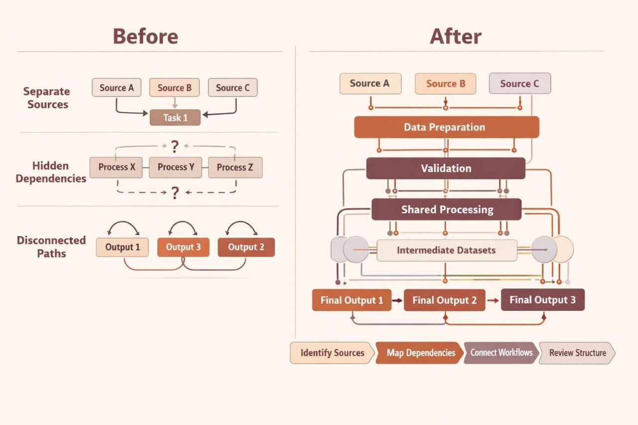 A before-and-after workflow comparison diagram on a beige background. The left side labeled 'Before' shows separate sources, hidden dependencies, and disconnected paths.