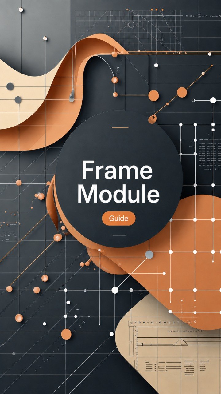 A digital cover graphic for a 'Frame Module Guide' featuring abstract layered shapes in terracotta orange and beige over a dark charcoal gray background with technical blueprint lines and dots.