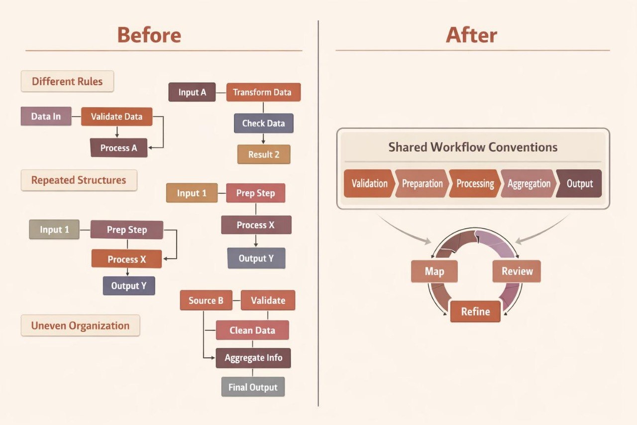 A comparison infographic titled 'Before' and 'After' on a beige background. The left side shows a before-state workflow with labeled boxes such as 'Different Rules,' 'Input 1,' 'Process X,' and 'Output Y.