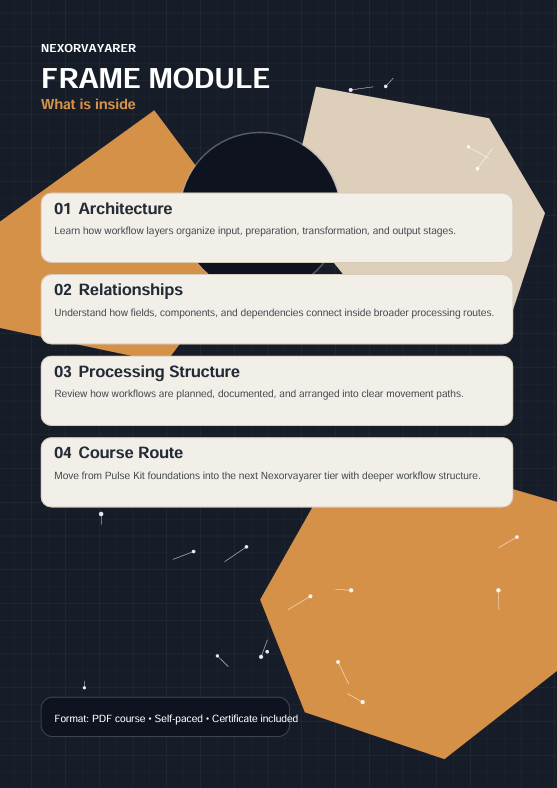 A digital cover page for a 'Frame Module' course by NexorVayaser, detailing the contents of the module with four numbered points on a dark grid background with abstract orange and beige geometric shapes.