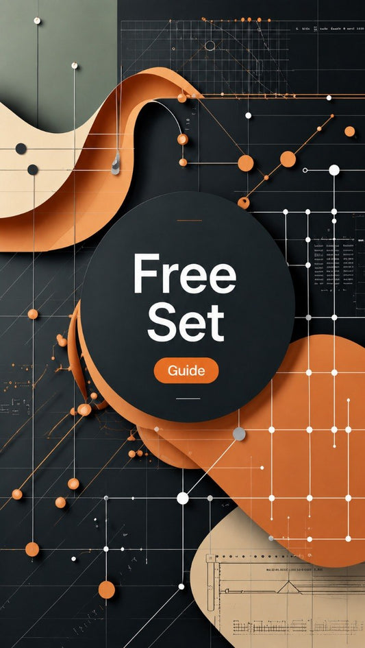 Digital cover graphic for a 'Free Set Guide' featuring a central black circle with white text and an orange button, surrounded by abstract orange and beige geometric shapes over a dark tech-style background with grid lines and data points.
