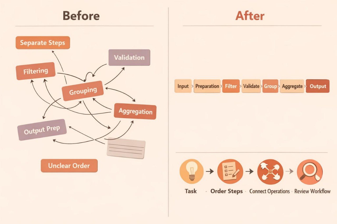 A before-and-after infographic on process optimization, with the left panel labeled 'Before' showing a messy workflow diagram with arrows between steps like filtering, grouping, and aggregation, and the right panel labeled 'After' showing a streamlined workflow with icons and labels for task, order steps, connect operations, and review workflow.