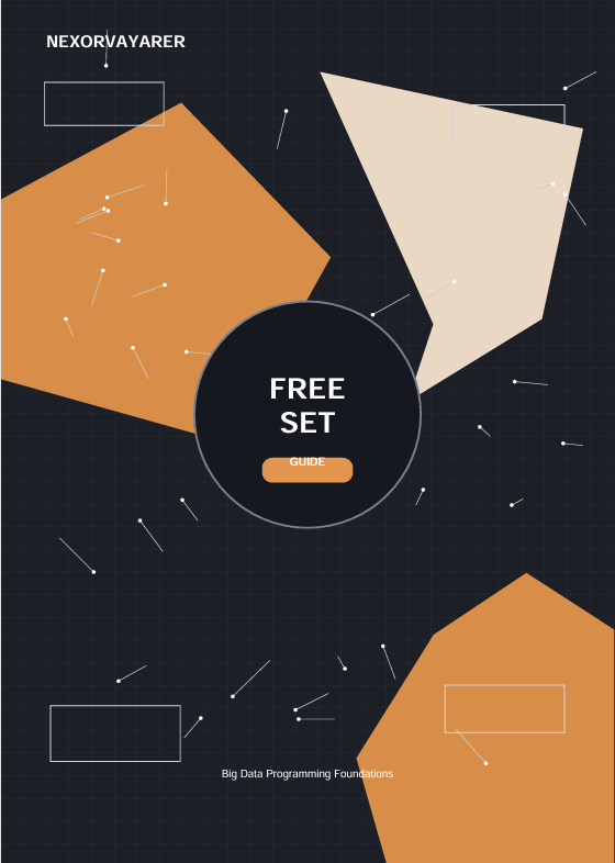 A digital cover design for a free guide set, featuring a dark charcoal grid background with abstract geometric shapes in orange and beige, a central black circle with the text 'FREE SET GUIDE', and small white placeholder boxes and lines.