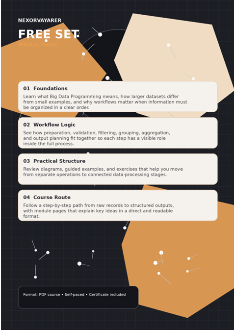 Promotional graphic for a 'NEXOSVAYER FREE SET' digital course bundle, featuring four white text boxes detailing course modules on Big Data Programming, Workflow Logic, Practical Structure, and Course Route, set against a dark navy background with orange geometric shapes.