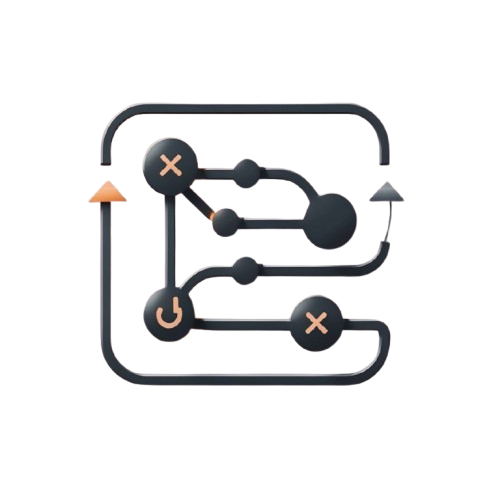 A stylized dark gray circuit board or flowchart icon with connected nodes, arrows, and small orange accent symbols on a plain white background.