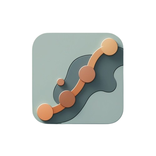 A minimalist digital icon featuring a stylized line chart with circular nodes in shades of peach, brown, and orange, set against a muted sage green and dark gray abstract background, all contained within a rounded square on a solid white backdrop.