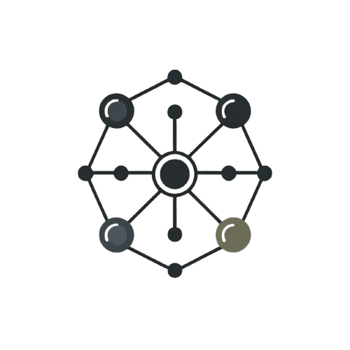 A minimalist vector-style logo or icon featuring a central white circle with a black outline, surrounded by a radial network of dark gray and black dots connected by thin lines, with one olive-green dot at the lower right, all on a solid white background.