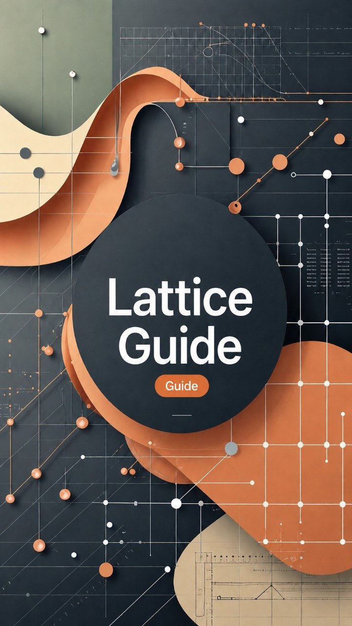 A digital cover design for a 'Lattice Guide' featuring a central dark gray circle with white text, surrounded by abstract layered orange and beige shapes over a dark gray technical grid background.