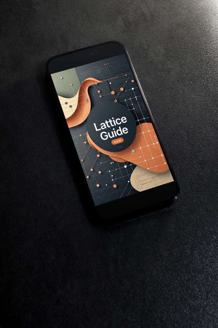A black smartphone lying diagonally on a dark textured surface, displaying an app or webpage titled 'Lattice Guide' with abstract orange, beige, and dark blue shapes.