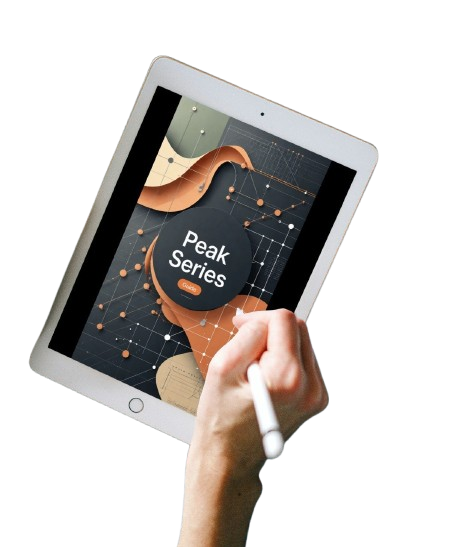 A white tablet held at an angle, showing a digital cover design with the text 'Peak Series' on the screen, while a hand holds a white stylus against it. The background is solid white.