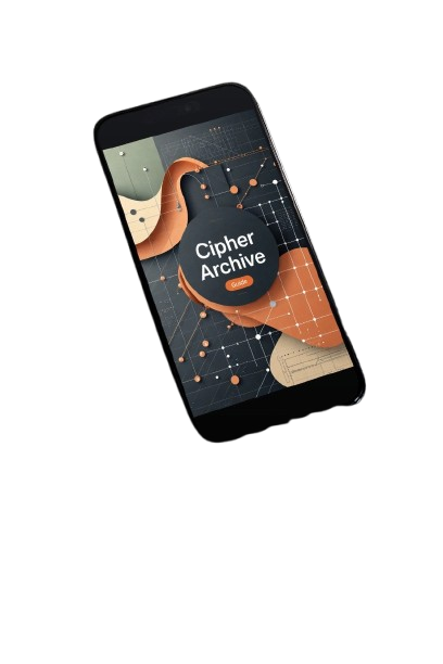 A black smartphone shown at an angle on a plain white background, with its screen on and displaying the Cipher Archive app logo and abstract orange, beige, and dark gray graphics.