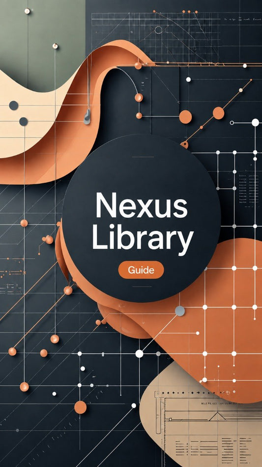 A digital cover graphic for 'Nexus Library Guide' featuring a central dark circle with white text, surrounded by abstract flowing terracotta and beige shapes over a dark technical blueprint background with orange dots and white lines.