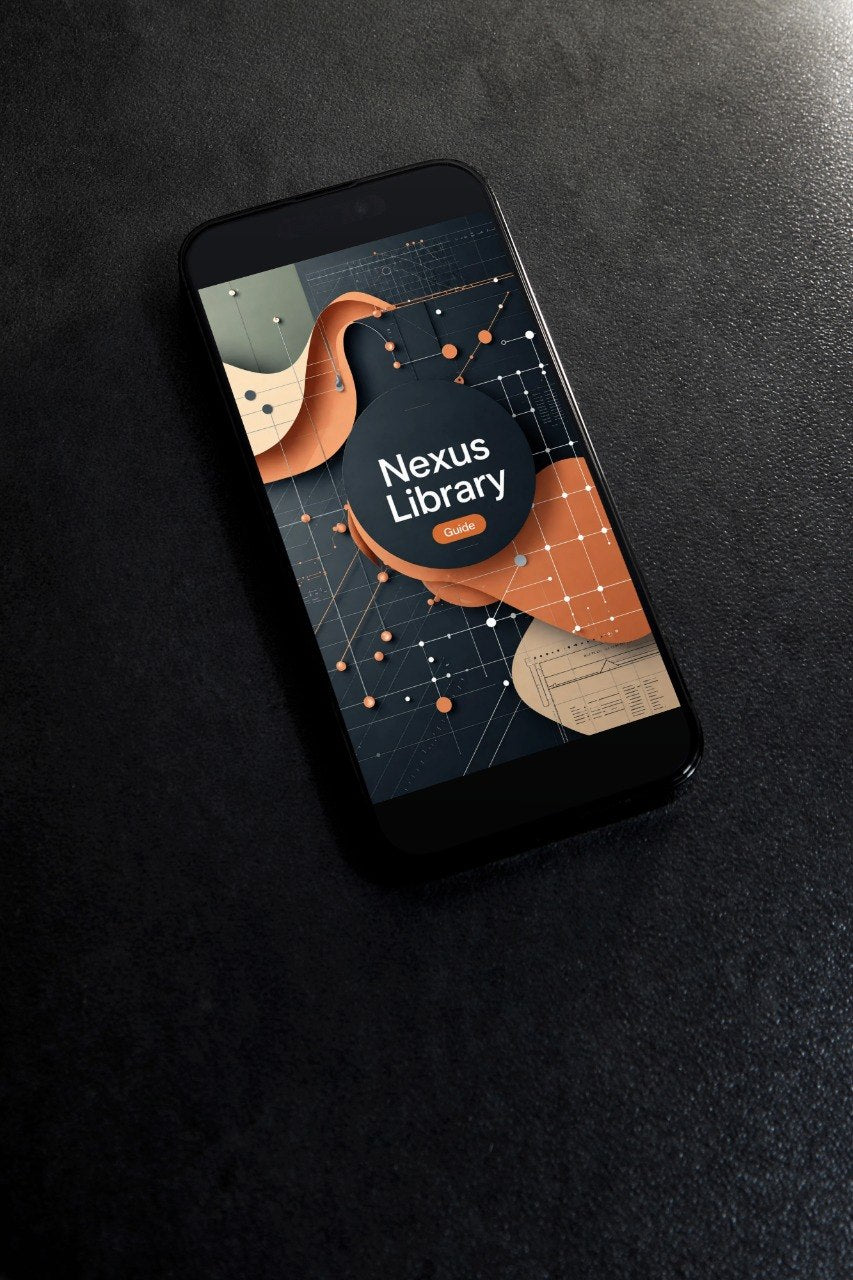 A black smartphone lying diagonally on a dark textured surface, displaying the Nexus Library app interface with abstract orange, beige, and dark blue shapes.