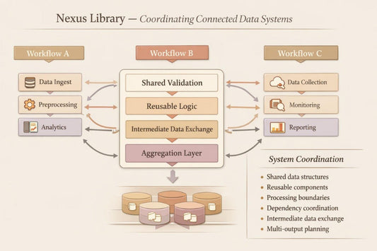 A beige infographic titled 'Nexus Library — Coordinating Connected Data Systems' showing three workflow blocks labeled Workflow A, Workflow B, and Workflow C, with arrows connecting shared validation, reusable logic, intermediate data exchange, and aggregation layers. A lower section lists system coordination topics, and the whole design uses a soft peach and muted purple palette.