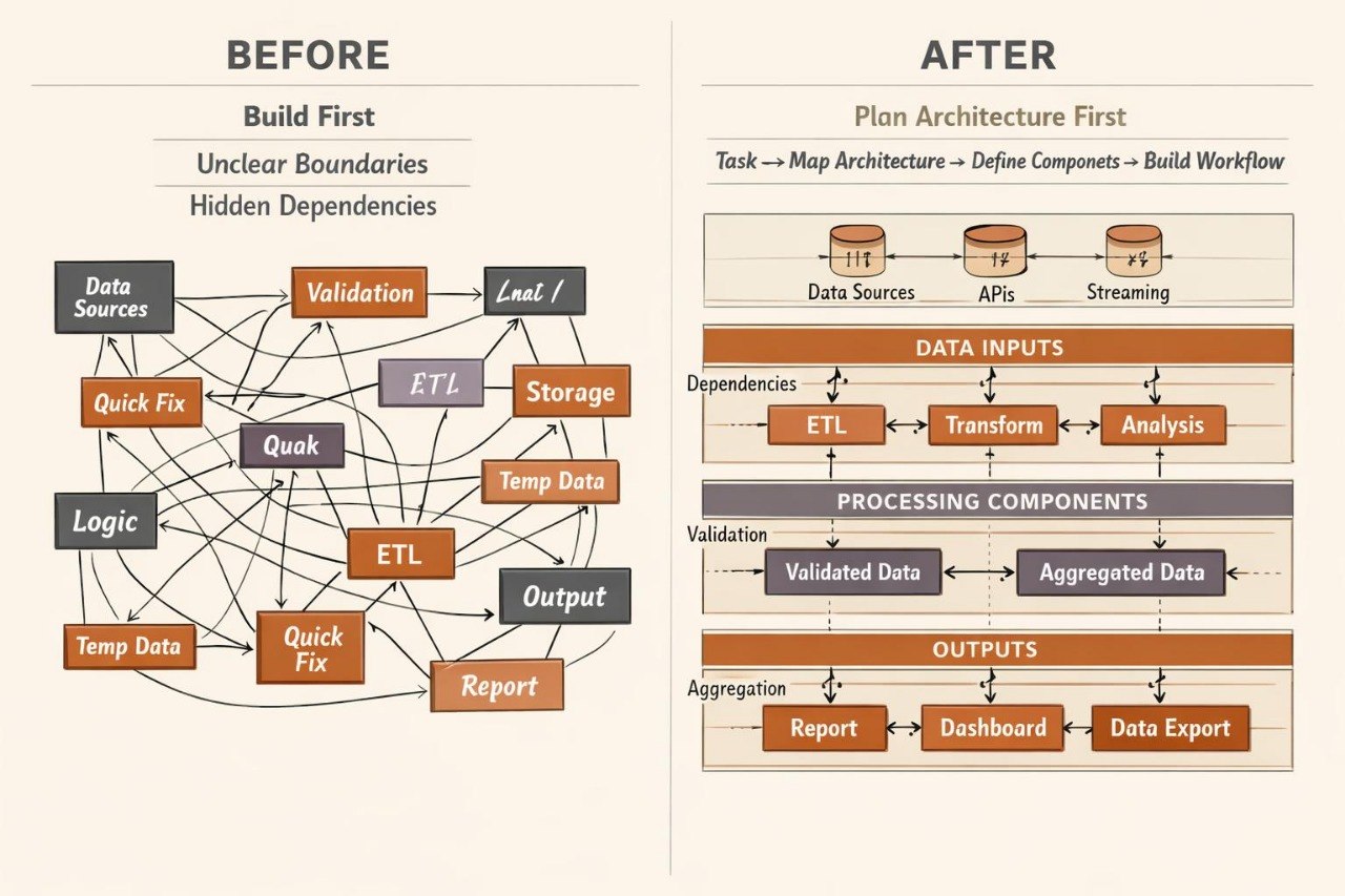 A before-and-after workflow comparison diagram for ETL (Extract, Transform, Load) data processing. The left 'BEFORE' panel shows a tangled, chaotic process flow with labels like 'Data Sources', 'Validation', 'Laten', and 'Quick Fix'.