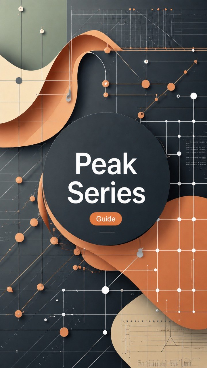 A digital cover graphic for a guide titled 'Peak Series Guide' featuring a central dark gray circular badge with white text, surrounded by abstract layered shapes in terracotta orange, beige, and gray with a network diagram background.