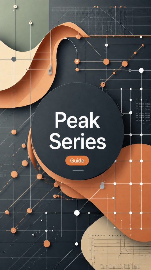 A digital cover graphic for a guide titled 'Peak Series Guide' featuring a central dark gray circular badge with white text, surrounded by abstract layered shapes in terracotta orange, beige, and gray with a network diagram background.