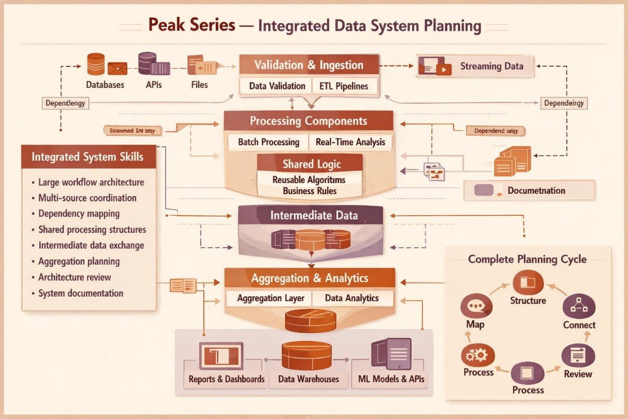 A process flowchart titled 'Peak Series — Integrated Data System Planning' with boxes and arrows showing stages such as databases, APIs, files, streaming data, batch processing, shared logic, intermediate data, aggregation & analytics, reports & dashboards, and ML models & APIs. The chart uses a beige background with orange, brown, and blue accents.