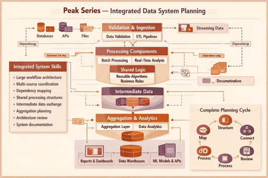 A process flowchart titled 'Peak Series — Integrated Data System Planning' with boxes and arrows showing stages such as databases, APIs, files, streaming data, batch processing, shared logic, intermediate data, aggregation & analytics, reports & dashboards, and ML models & APIs. The chart uses a beige background with orange, brown, and blue accents.