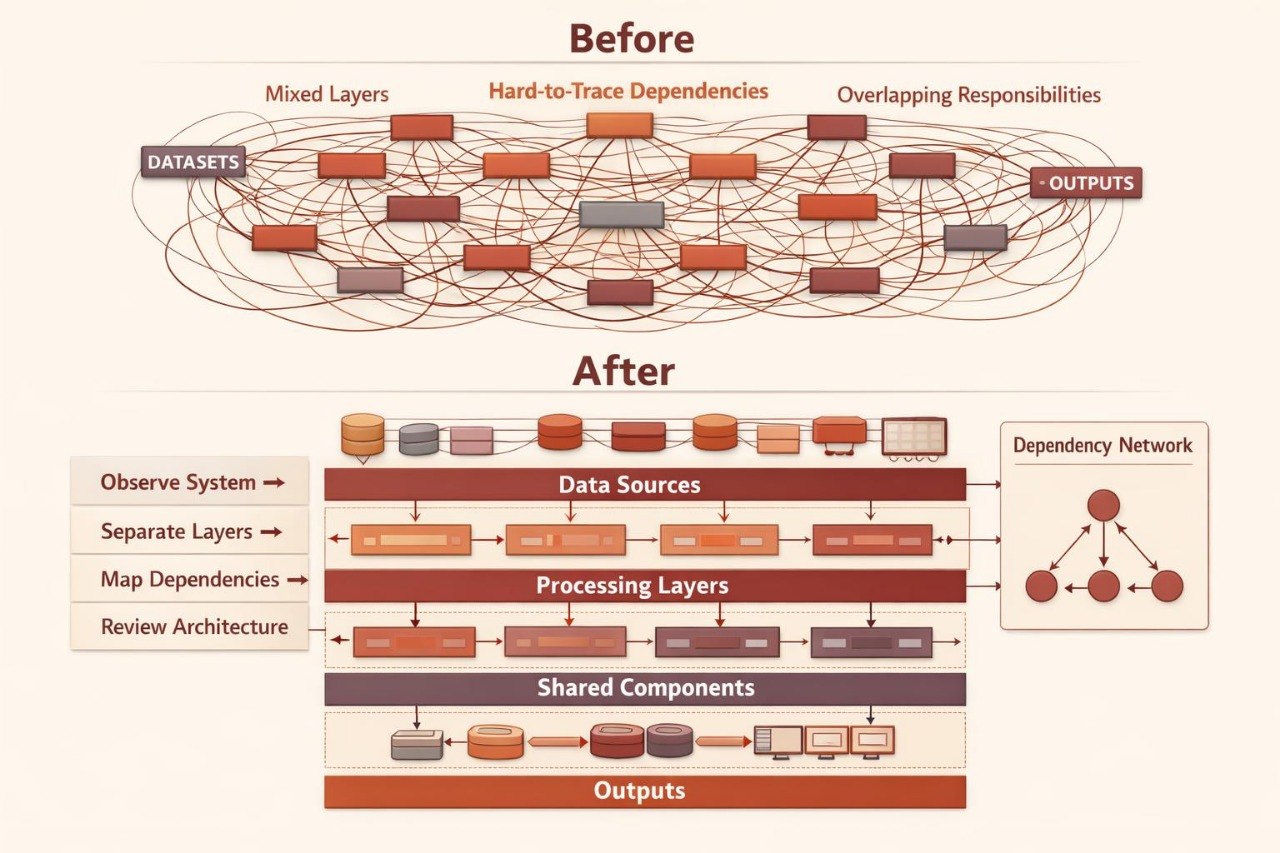 A diagram comparing a 'Before' and 'After' software architecture approach. The top section, labeled 'Before', shows a tangled dependency network with connected boxes and labels like 'Datasets', 'Mixed Layers', and 'Outputs'.