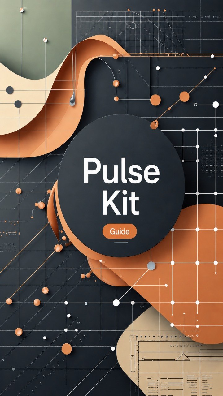 A digital cover graphic for a guide titled 'Pulse Kit Guide' featuring a central dark gray circle with white text, surrounded by abstract flowing orange and beige shapes on a dark gray grid background.