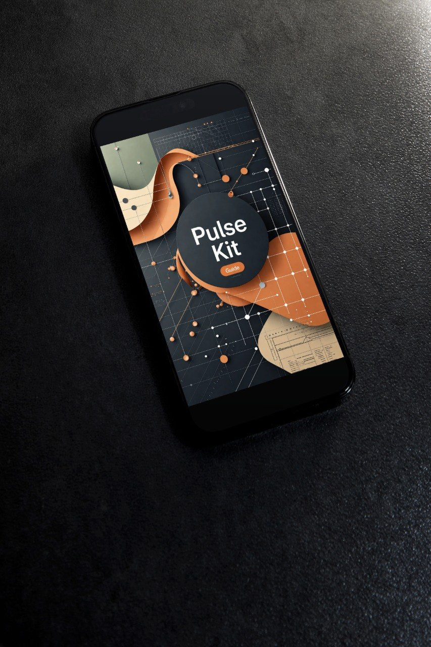 A black smartphone lying diagonally on a dark textured surface, displaying a digital graphic design template titled 'Pulse Kit' with abstract orange and beige shapes on a dark background.