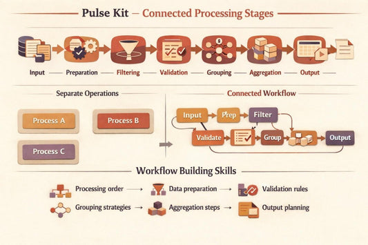 An infographic titled 'Pulse Kit - Connected Processing Stages' on a warm beige background, showing a flowchart of data processing steps from Input to Output, with separate Process A, Process B, and Process B blocks and a 'Workflow Building Skills' section below.