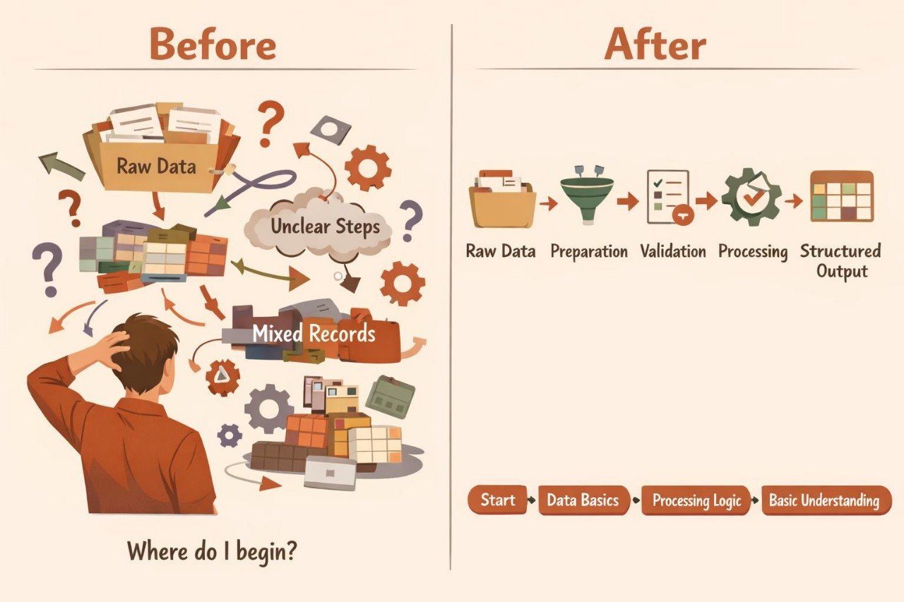 An educational infographic comparing 'Before' and 'After' data processing stages. The left 'Before' section features a man scratching his head surrounded by messy icons like raw data, unclear steps, and mixed records.