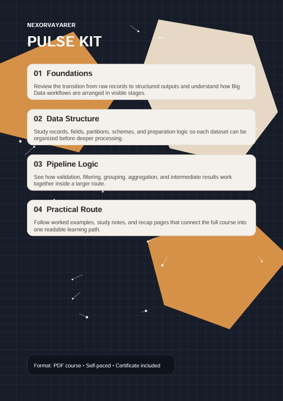 A digital course cover for 'NEXORVAYRATER PULSE KIT' featuring a dark navy grid background, orange geometric shapes, and four white text boxes outlining course modules: Foundations, Data Structure, Pipeline Logic, and Practical Route.