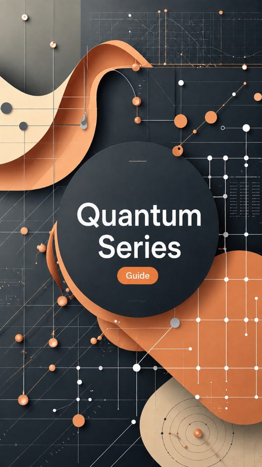 A digital cover graphic for a guide titled 'Quantum Series Guide' featuring a central dark gray circle with white text and an orange button, surrounded by abstract flowing terracotta and beige shapes over a dark grid background with scientific line diagrams.