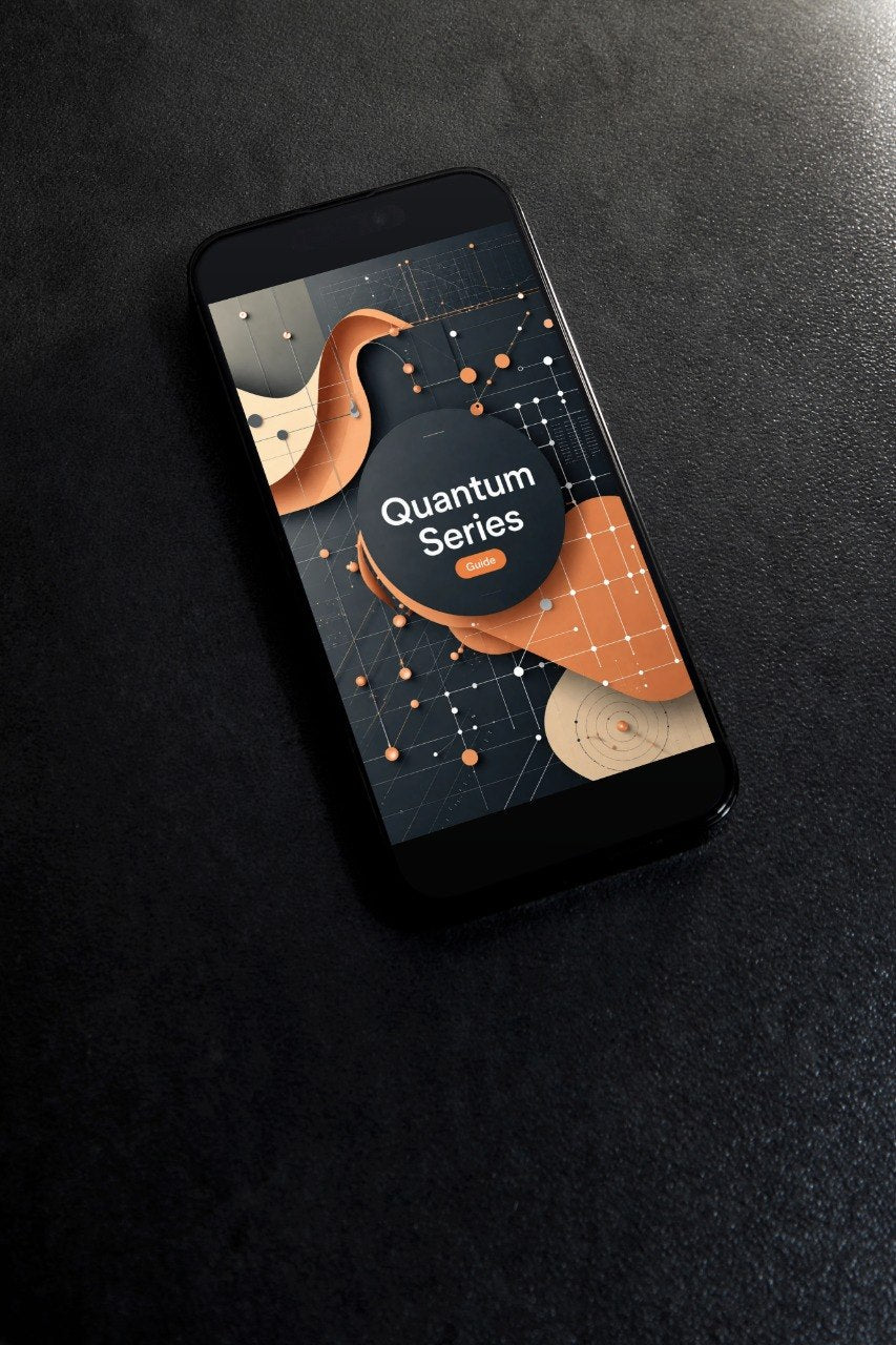 A black smartphone lying diagonally on a dark textured surface, displaying an app or media cover titled 'Quantum Series' with abstract orange and beige shapes on a dark background.