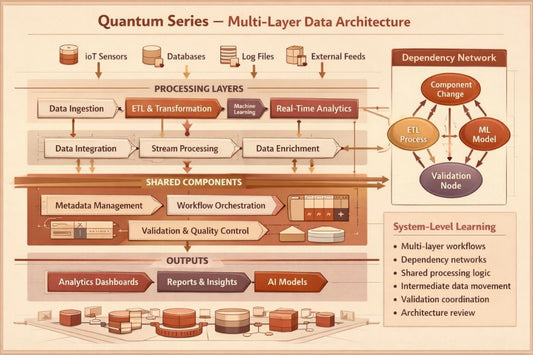 An infographic titled 'Quantum Series – Multi-Layer Data Architecture' with a beige and orange color scheme, showing a layered data processing workflow, shared components, a dependency network, and outputs including analytics dashboards, reports, and AI models.
