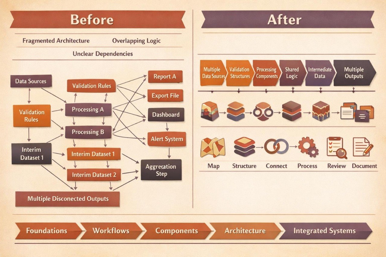A vintage-style infographic diagram comparing a 'Before' fragmented and overlapping logic architecture with an 'After' integrated and streamlined workflow, featuring various database and processing components on a warm beige background.
