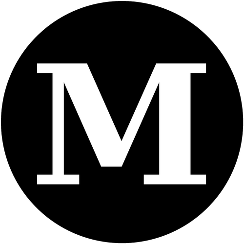 white "M" in black circle 
