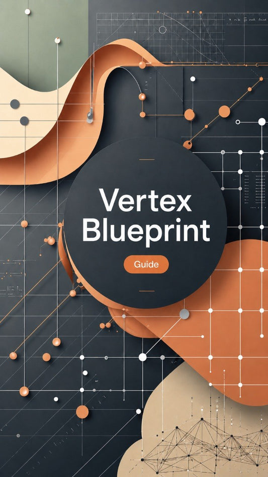 A digital cover graphic for a guide titled 'Vertex Blueprint Guide' featuring abstract 3D layered shapes in terracotta orange, beige, and dark gray with a network node pattern.