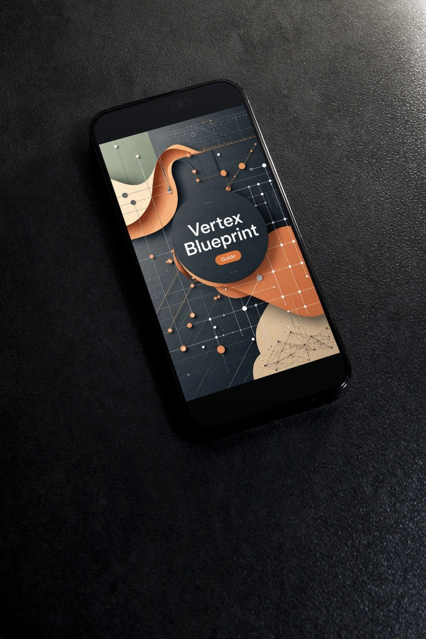 A black smartphone lying diagonally on a dark textured surface, displaying an abstract app or digital design titled 'Vertex Blueprint' with orange, beige, and dark gray shapes on the screen.