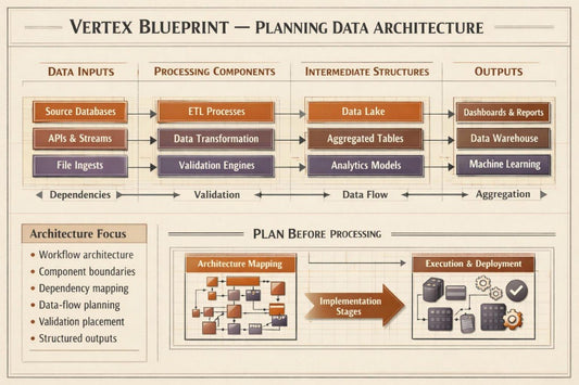 A business process flowchart titled 'VERTEX BLUEPRINT — PLANNING DATA ARCHITECTURE' with labeled sections for data inputs, processing components, intermediate structures, and outputs, plus a 'PLAN BEFORE PROCESSING' subsection showing architecture mapping and execution stages.